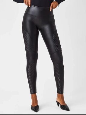 SPANX Faux Leather Moto Leggings Gunmetal Black Womens Size 1X Gothic Festival